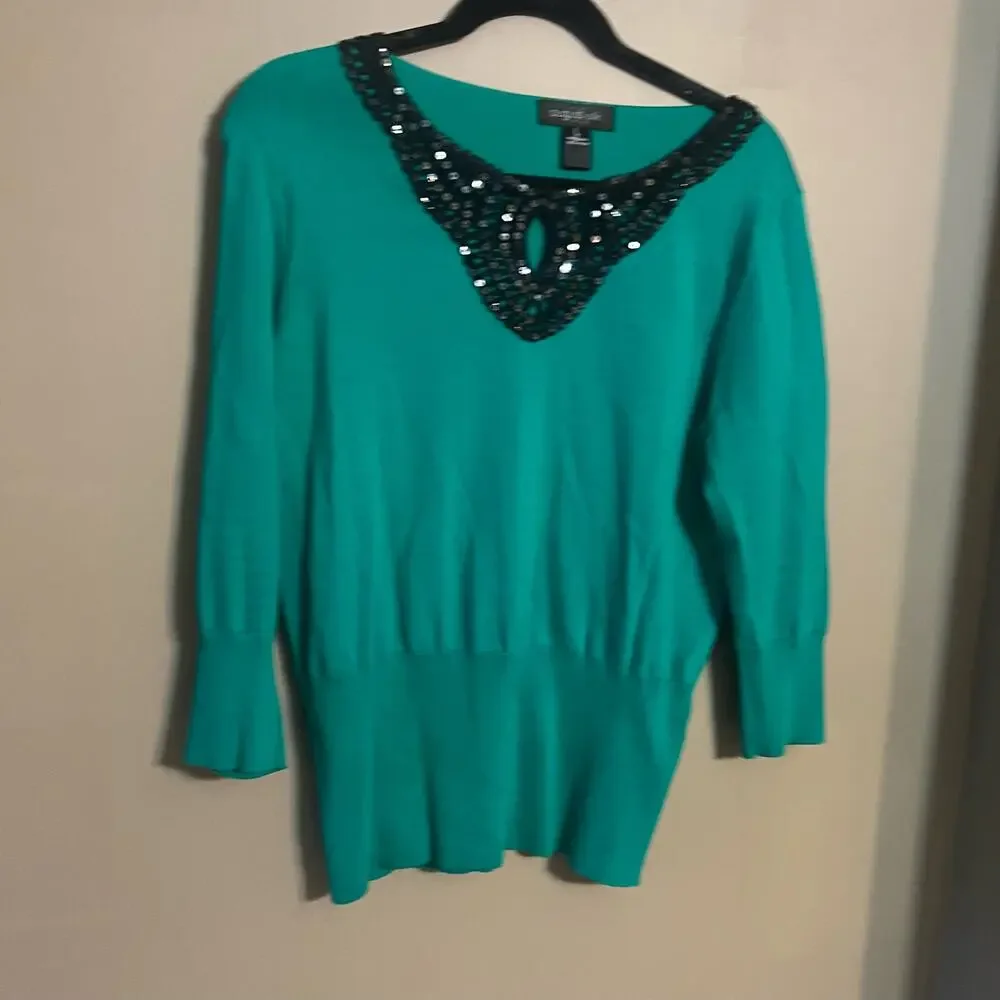 August Silk Women's Green Knit Sweater, Black Sequin Collar & 3/4 Sleeves, Large - Picture 3 of 12